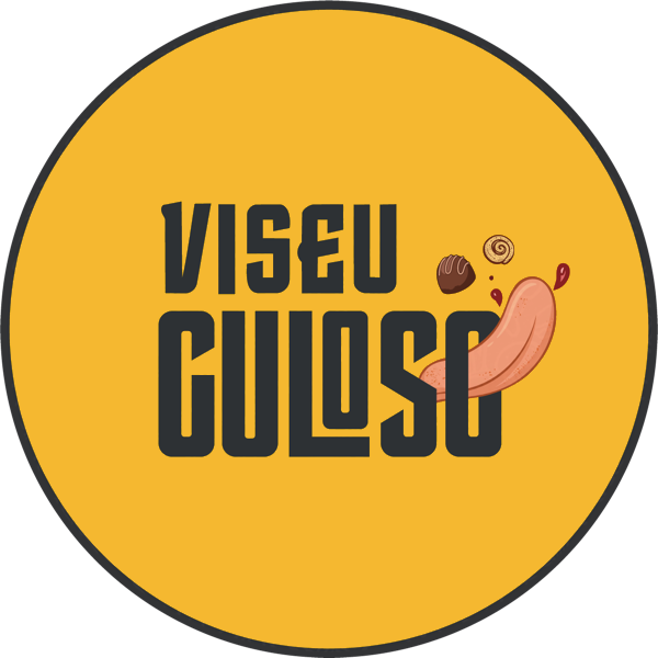Logótipo Viseu Guloso: círculo amarelo mostarda com o wordmark e uma ilustração de doces